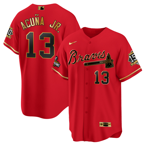 Men's Atlanta Braves #13 Ronald Acuña Jr. 2021 Red/Gold World Series Champions With 150th Anniversary Patch Cool Base Stitched Jersey Men's Atlanta Braves #13 Ronald Acuña Jr. 2021 Red/Gold World Series Champions With 150th Anniversary Patch Cool Base Stitched Jersey